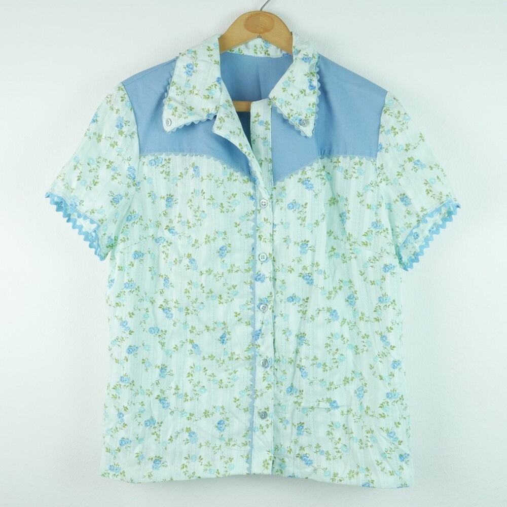 Vintage Handmade Western Shirt 70s L XL Blue Floral Cottagecore Prairie Yoke